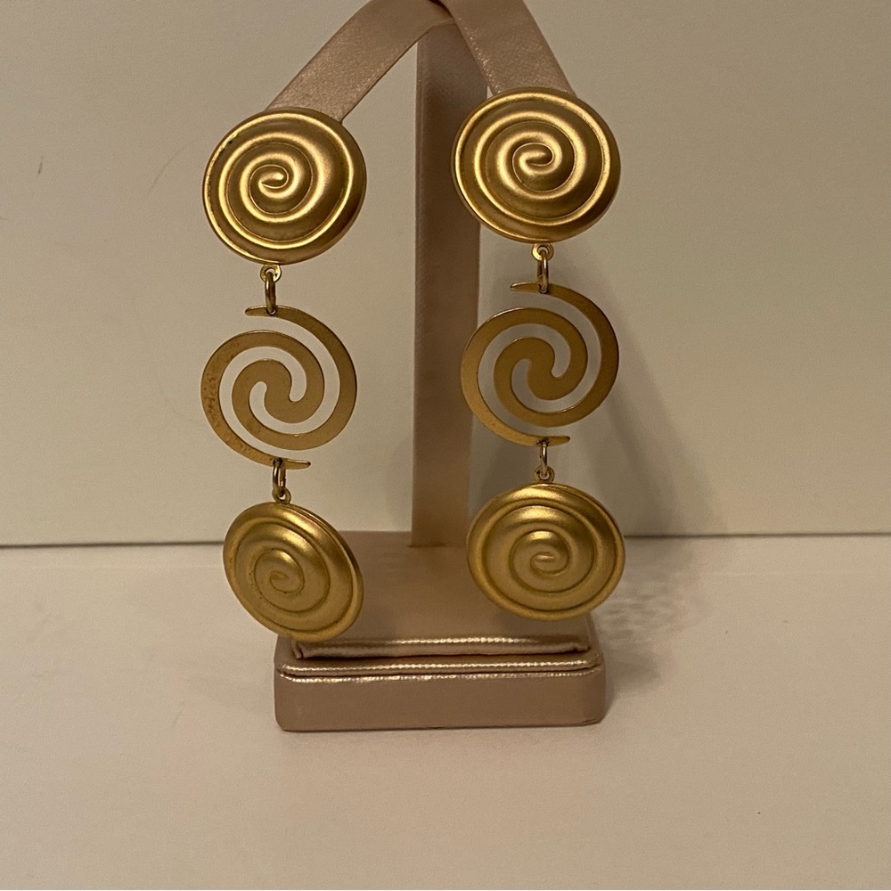 EARRINGS STATEMENT VINTAGE GOLD TONE LONG DROP MOD CIRCLES PIERCED POST DANGLE